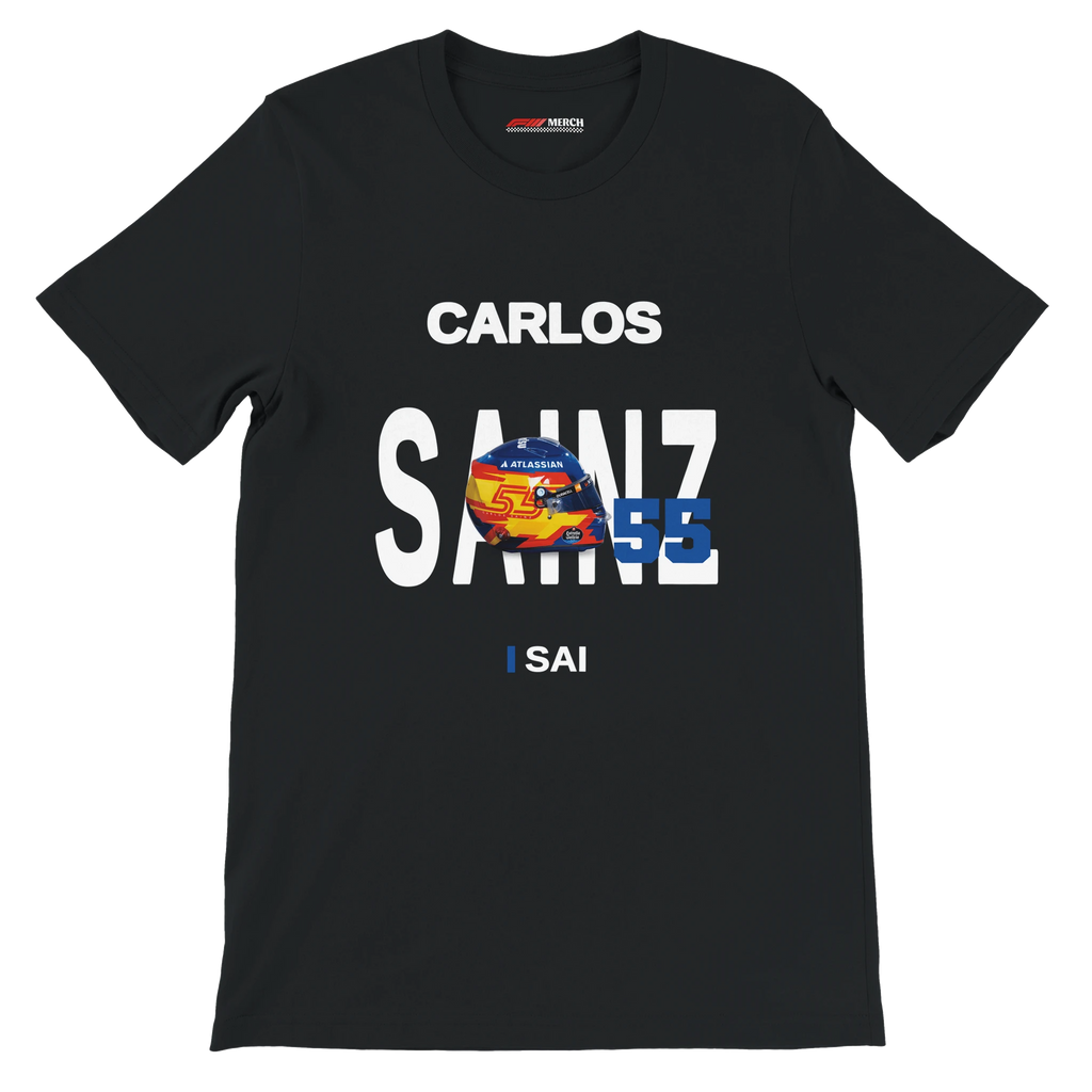 f111 merch black color t-shirt with sainz branding.