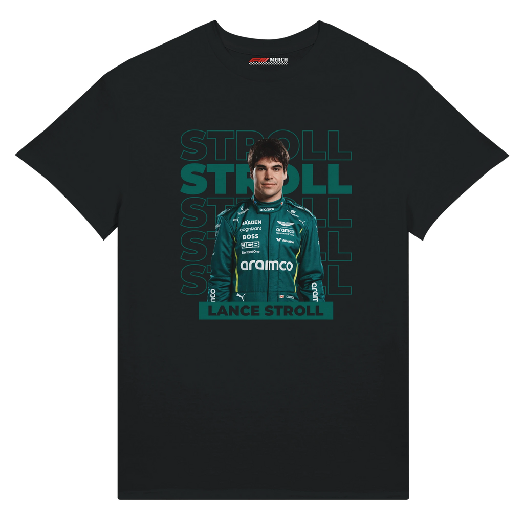 f111 merch black color t-shirt with stroll branding.