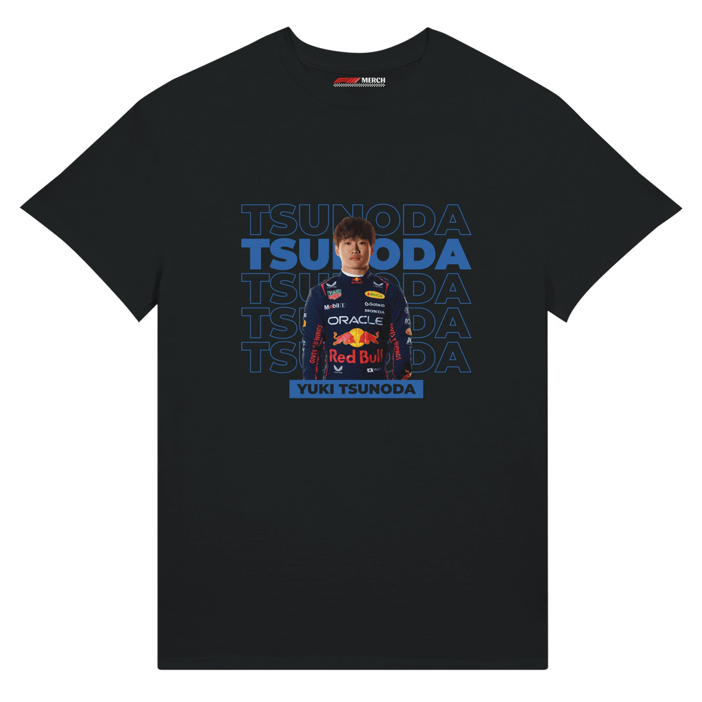 f111 merch black color t-shirt with tsunoda branding.
