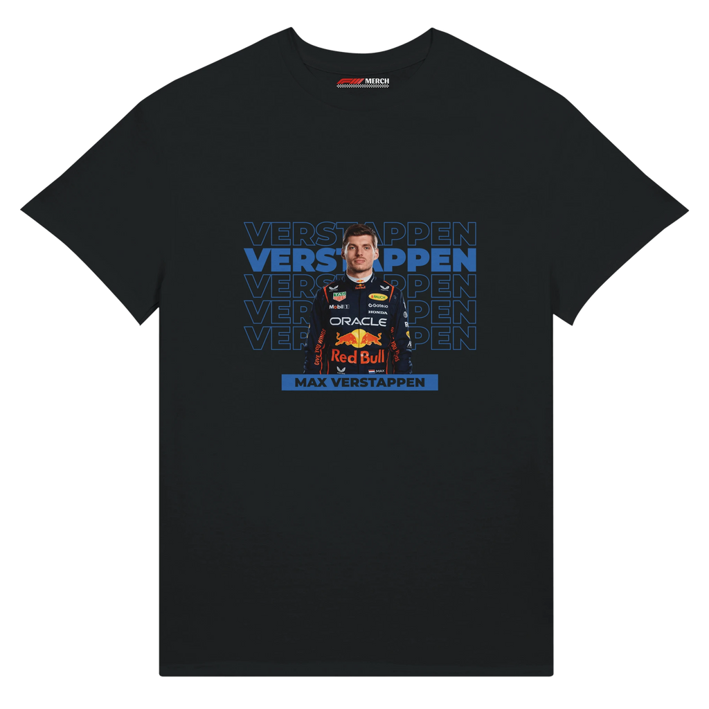 f111 merch black color t-shirt with verstappen branding.