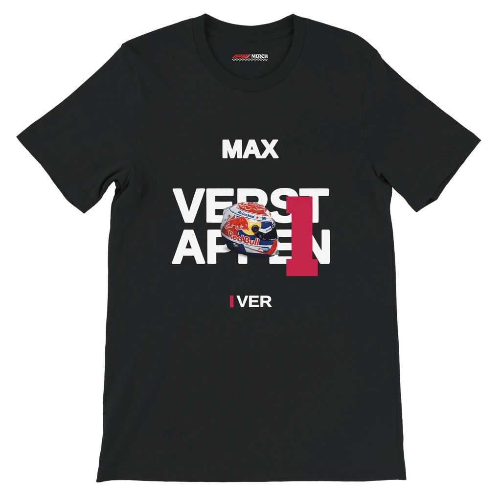 f111 merch black color t-shirt with verstappen branding.