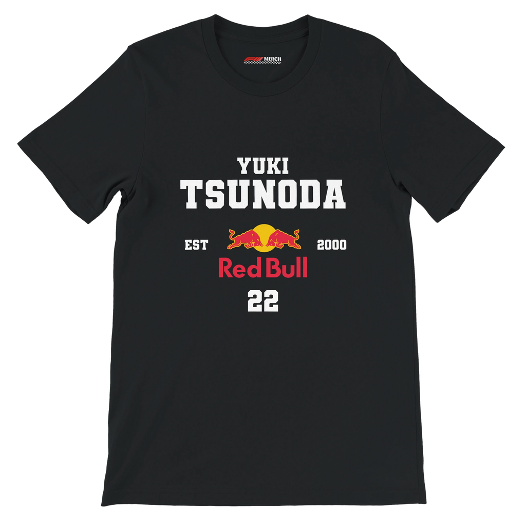 f111 merch black color t-shirt with yuki-tsunoda branding.