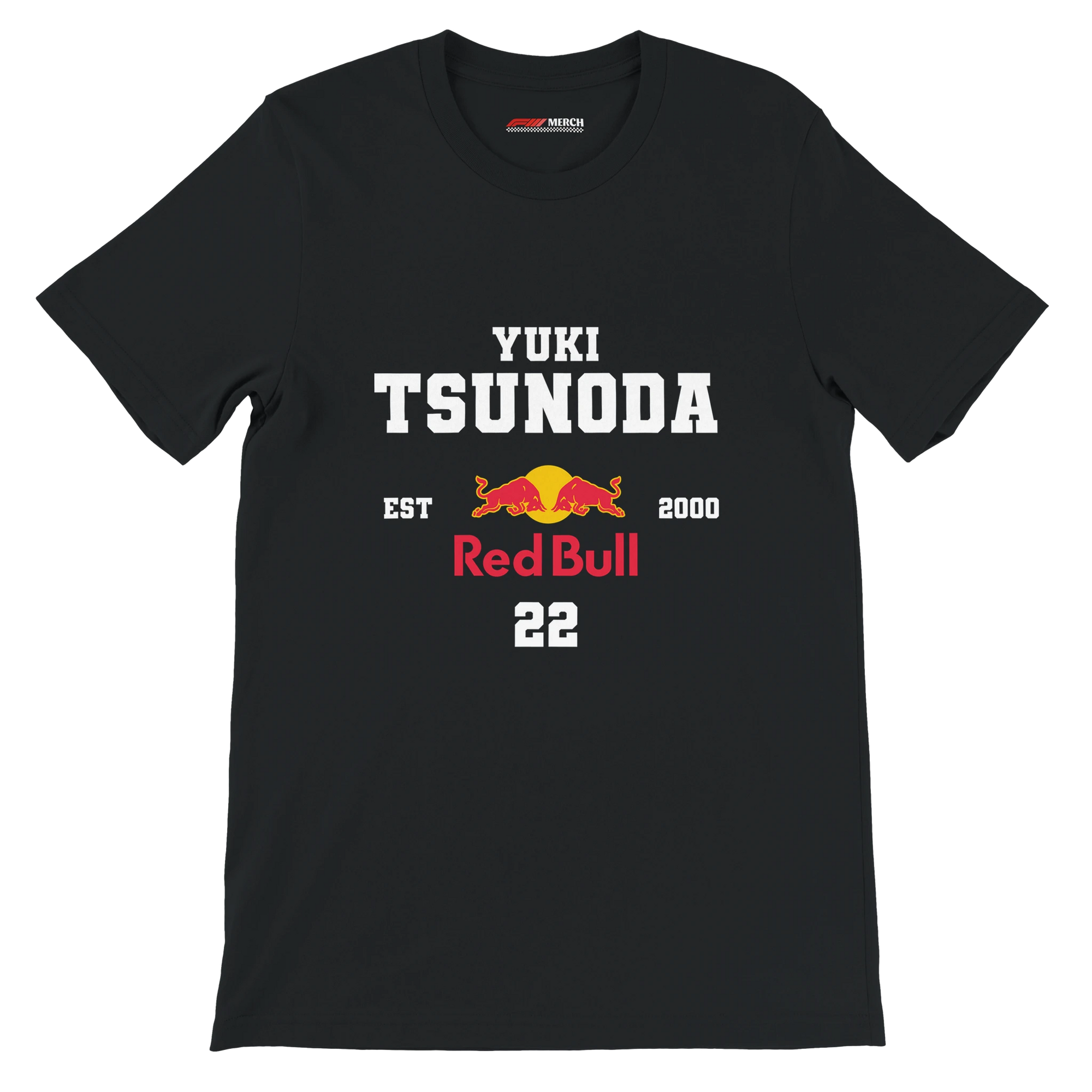f111 merch black color t-shirt with yuki-tsunoda branding.