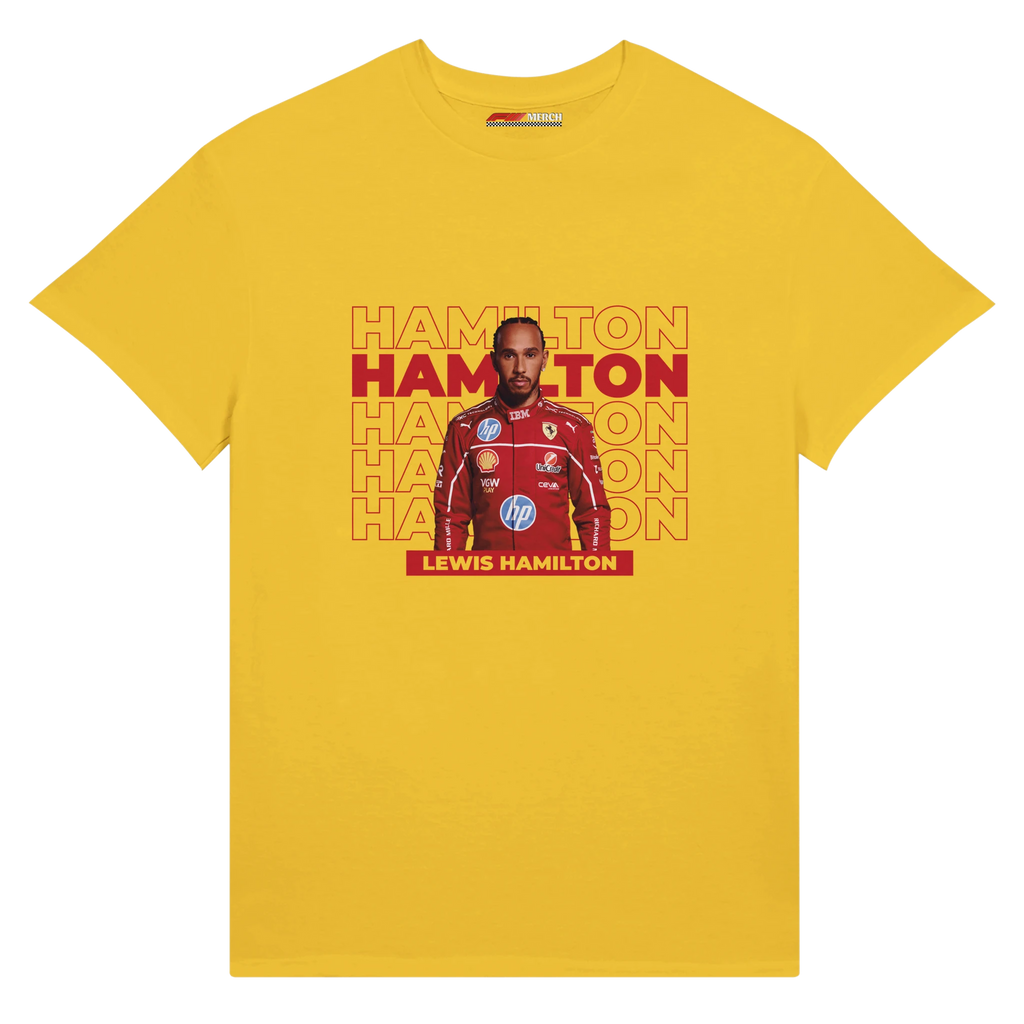 f111 merch daisy color t-shirt with hamilton branding.
