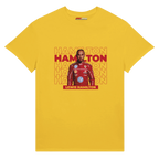 f111 merch daisy color t-shirt with hamilton branding.