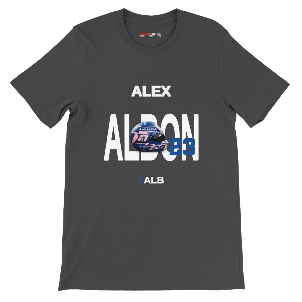 f111 merch dark-grey color t-shirt with albon branding.