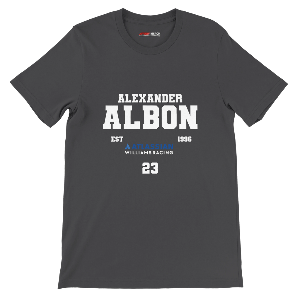f111 merch dark-grey color t-shirt with alex-albon branding.