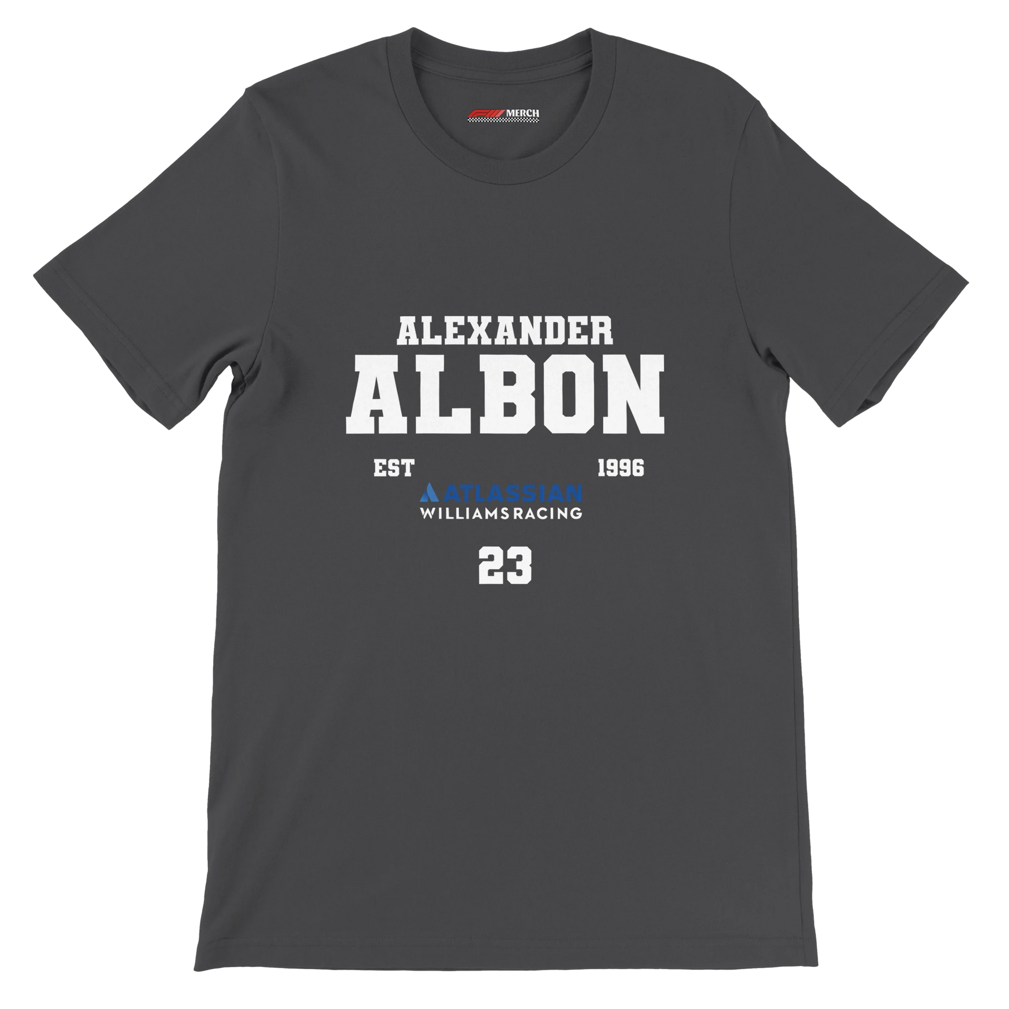 f111 merch dark-grey color t-shirt with alex-albon branding.