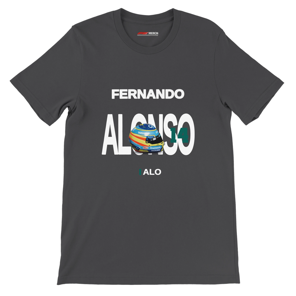 f111 merch dark-grey color t-shirt with alonso branding.