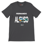 f111 merch dark-grey color t-shirt with alonso branding.