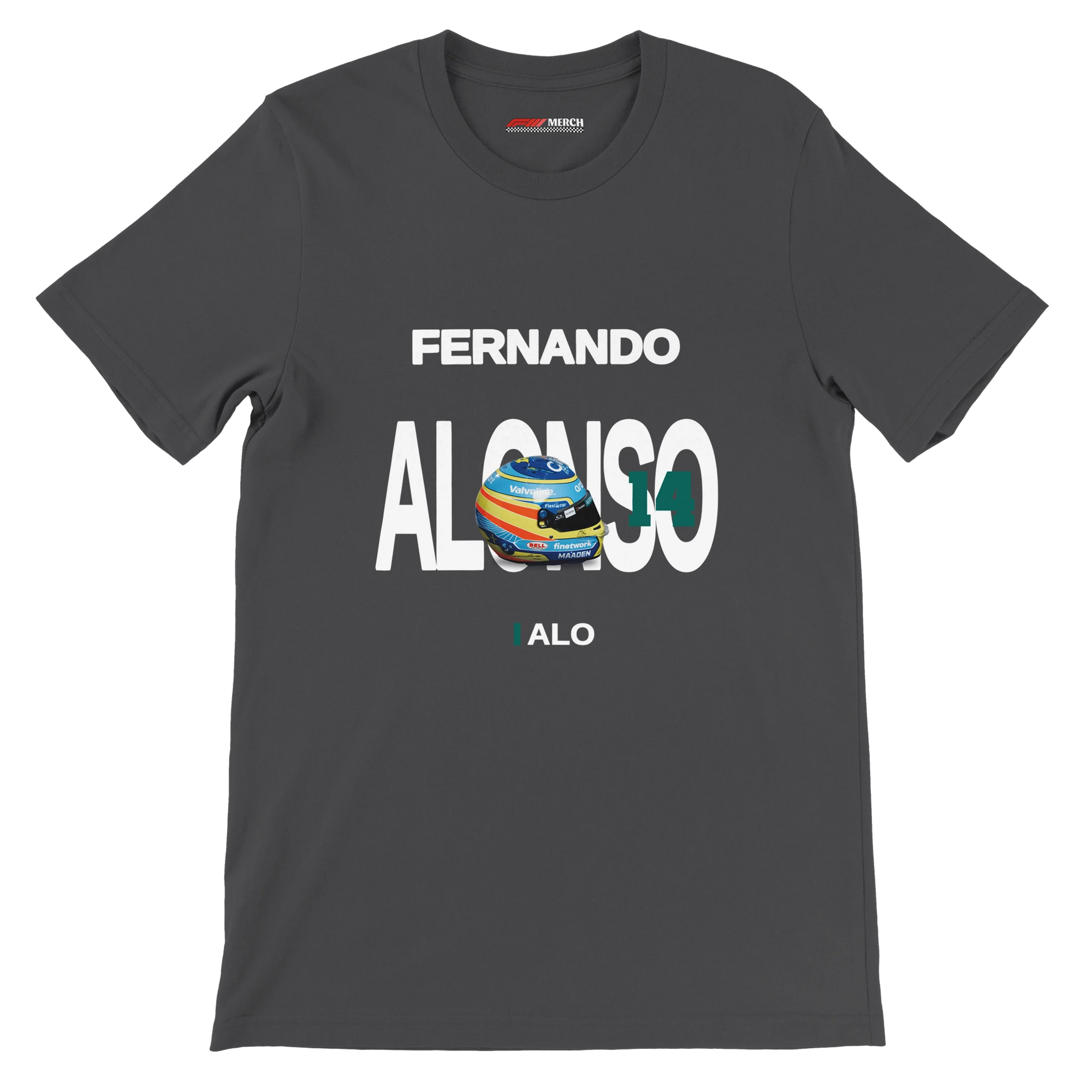 f111 merch dark-grey color t-shirt with alonso branding.