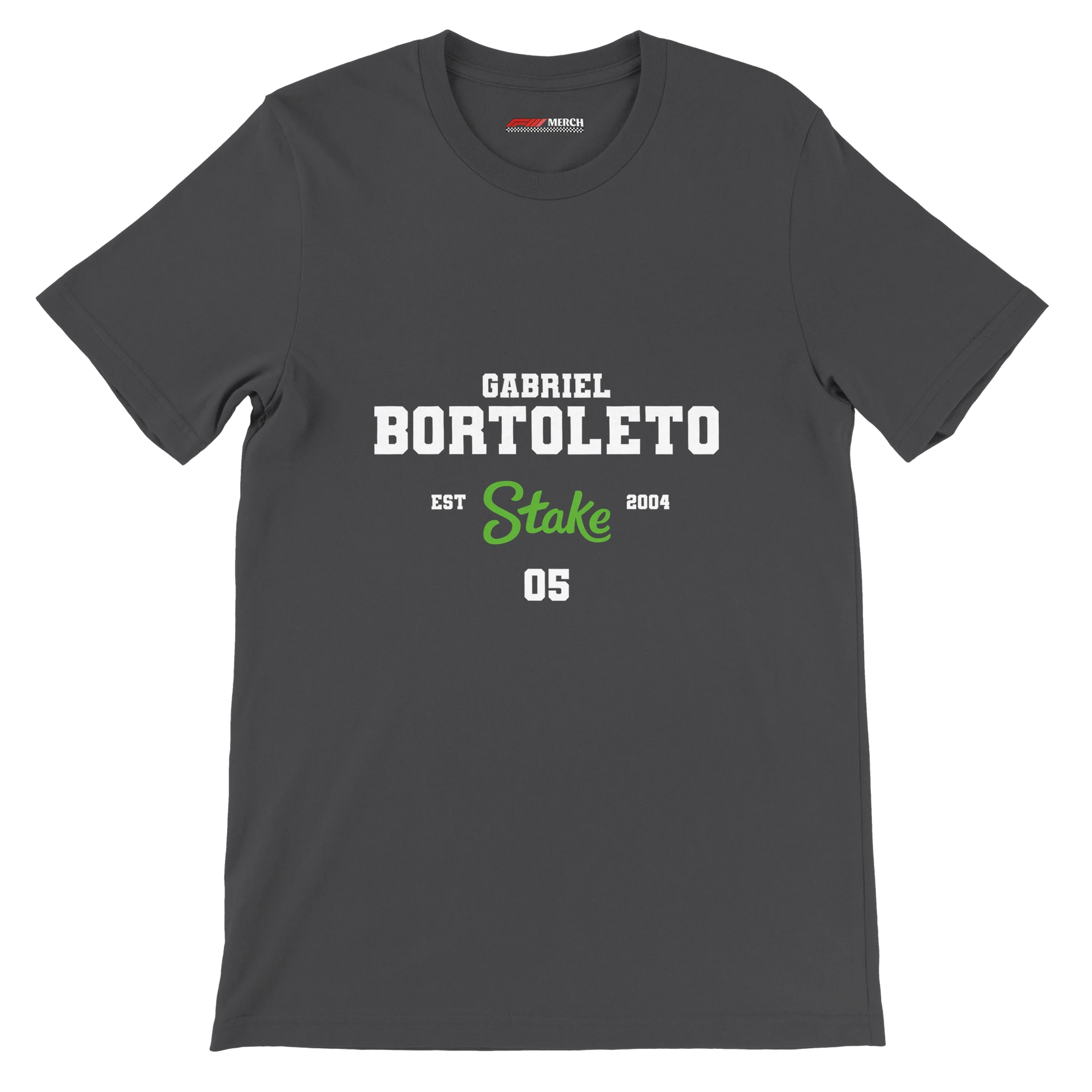 f111 merch dark-grey color t-shirt with bortoleto branding.