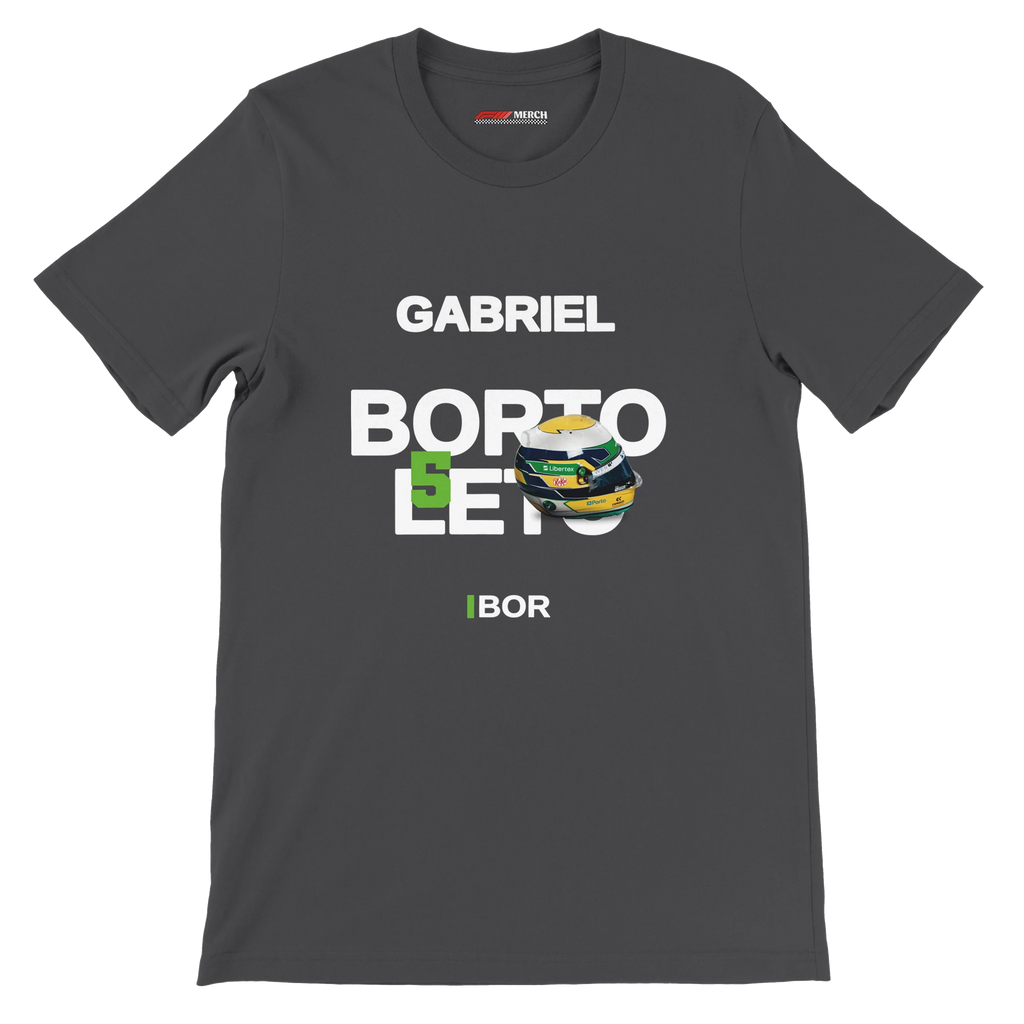 f111 merch dark-grey color t-shirt with bortoleto branding.