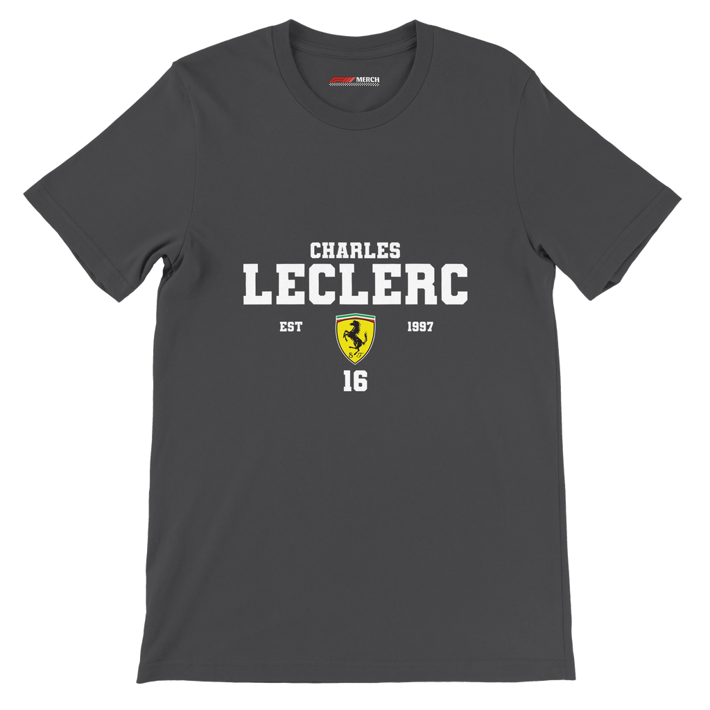 f111 merch dark-grey color t-shirt with charles-leclerc branding.