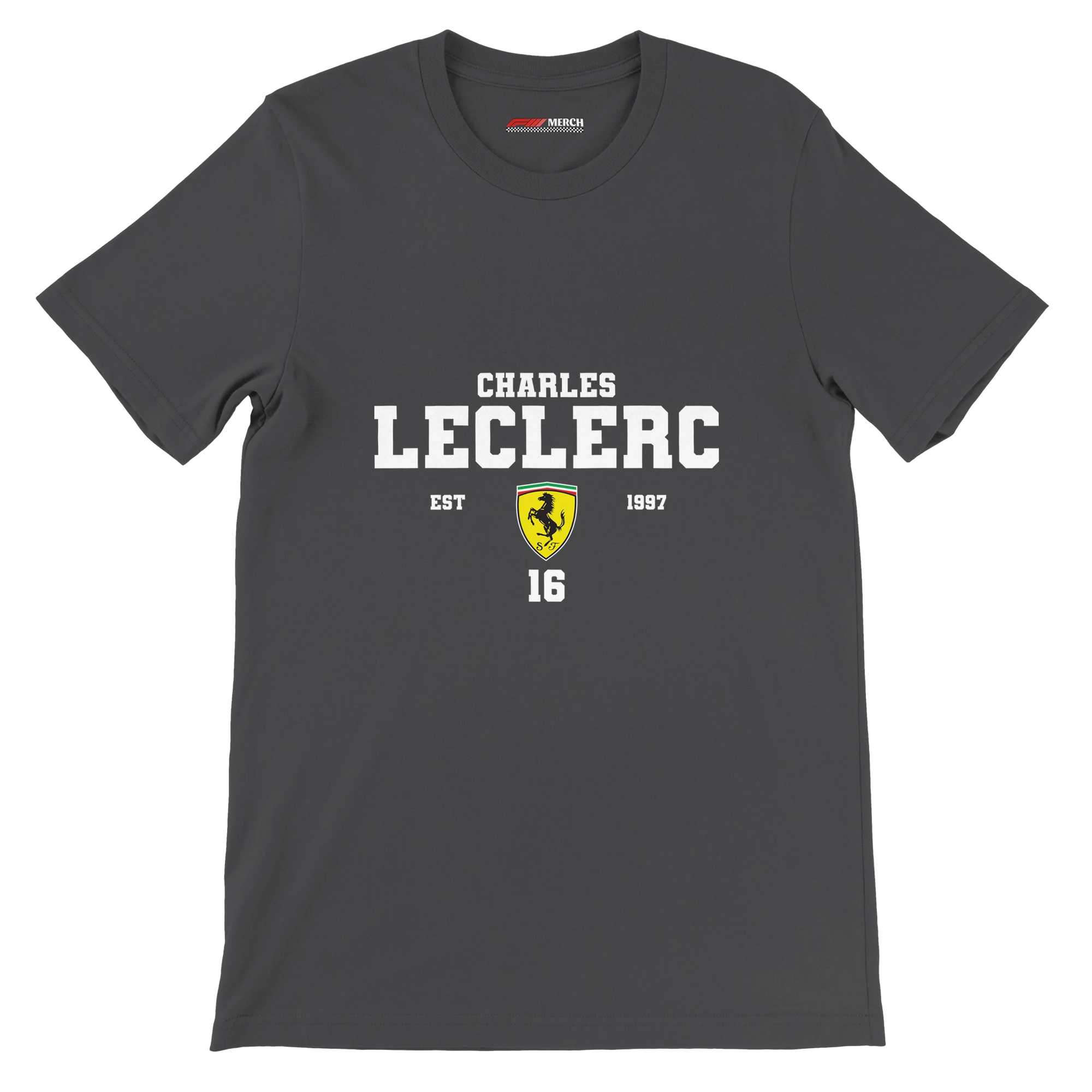 f111 merch dark-grey color t-shirt with charles-leclerc branding.