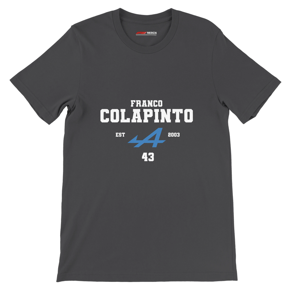 f111 merch dark-grey color t-shirt with colapinto branding.