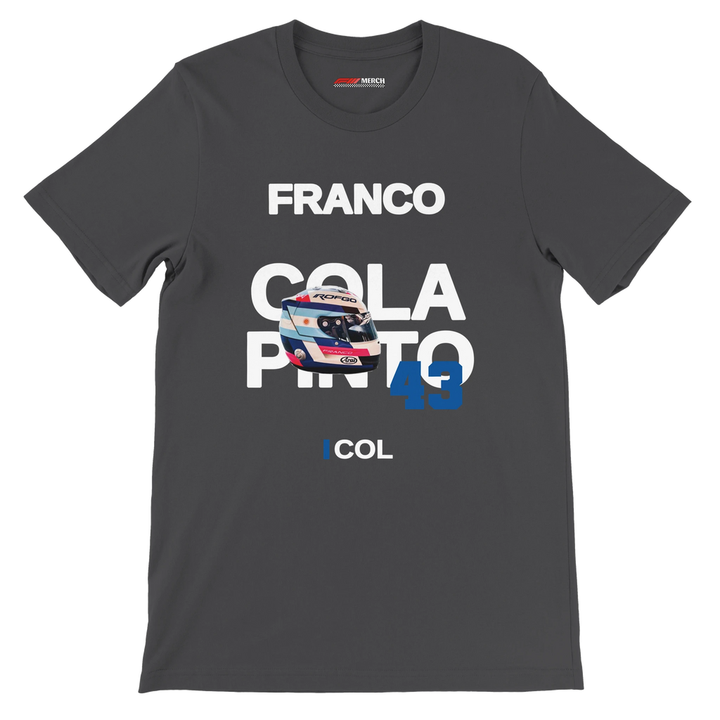 f111 merch dark-grey color t-shirt with colapinto branding.