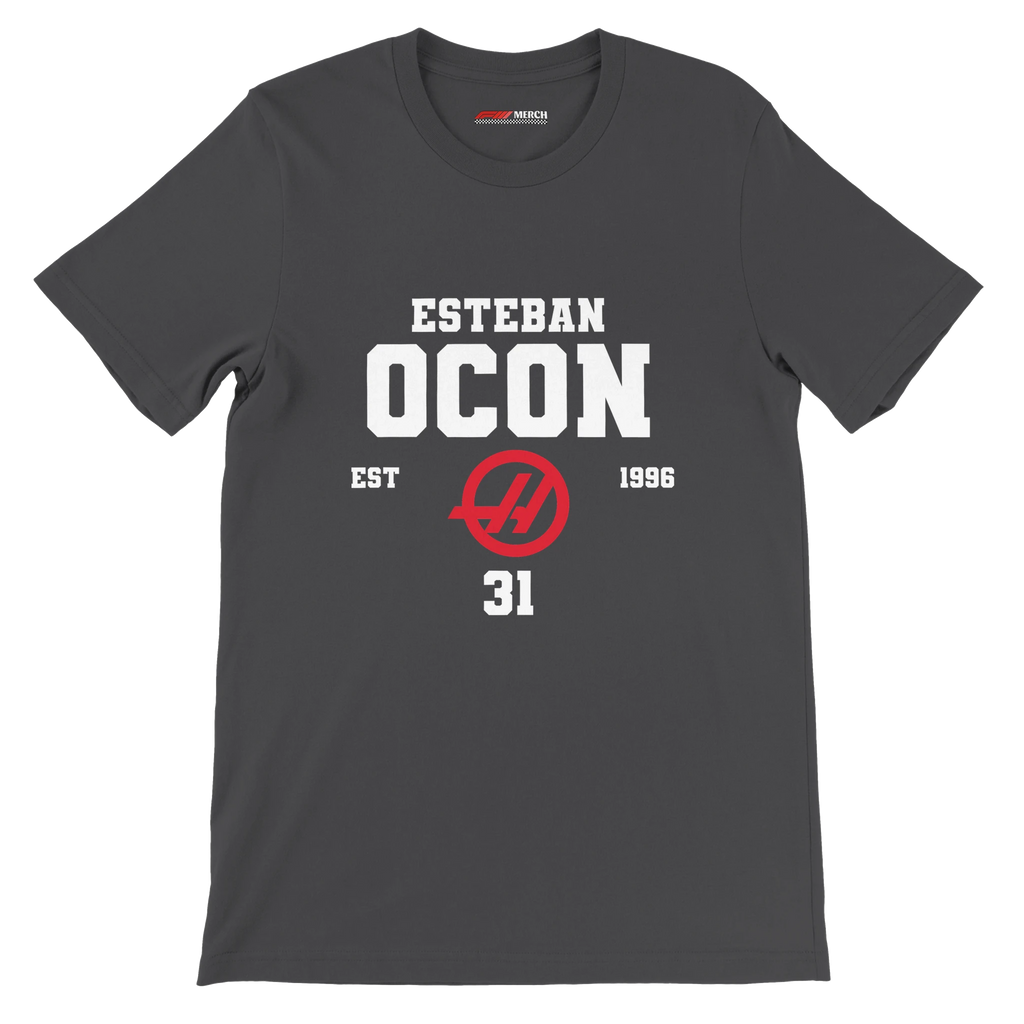 f111 merch dark-grey color t-shirt with esteban-ocon branding.
