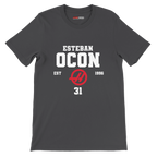 f111 merch dark-grey color t-shirt with esteban-ocon branding.