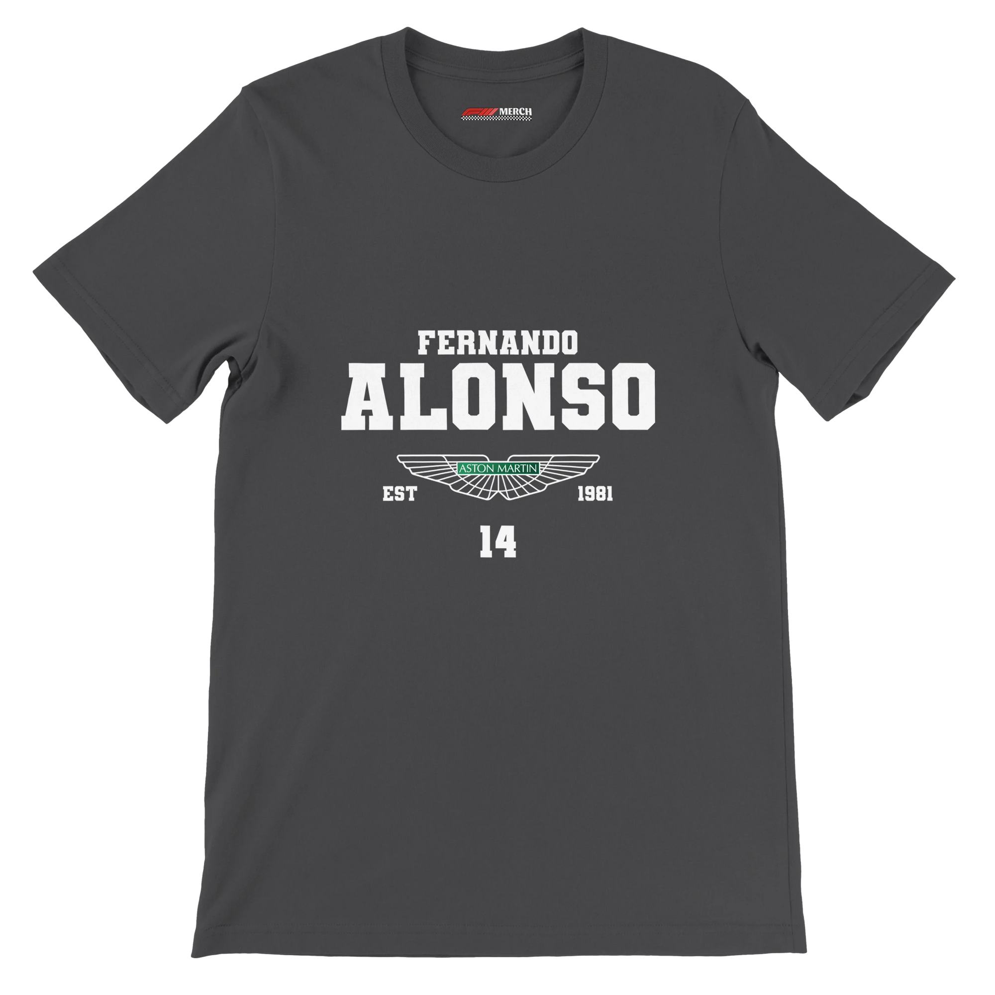 f111 merch dark-grey color t-shirt with fernando-alonso branding.