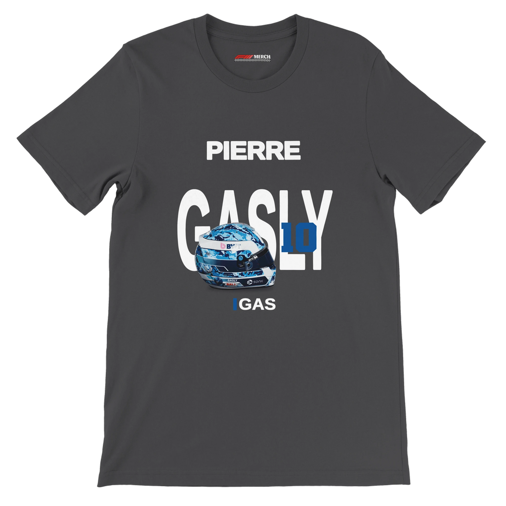 f111 merch dark-grey color t-shirt with gasly branding.
