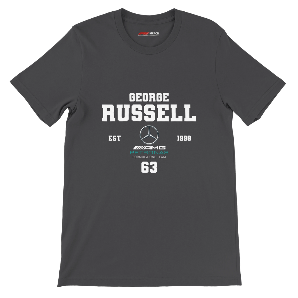 f111 merch dark-grey color t-shirt with george-russell branding.