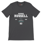 f111 merch dark-grey color t-shirt with george-russell branding.