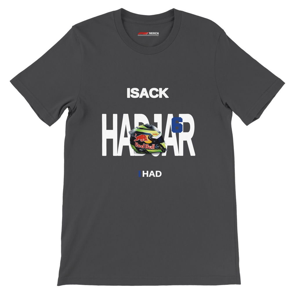 f111 merch dark-grey color t-shirt with hadjar branding.