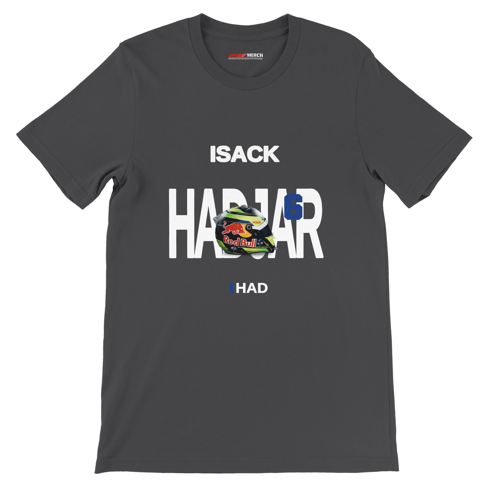 f111 merch dark-grey color t-shirt with hadjar branding.