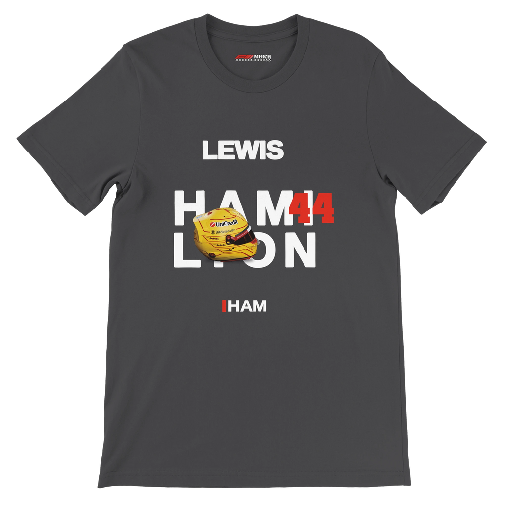 f111 merch dark-grey color t-shirt with hamilton branding.