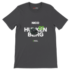 f111 merch dark-grey color t-shirt with hulkenberg branding.