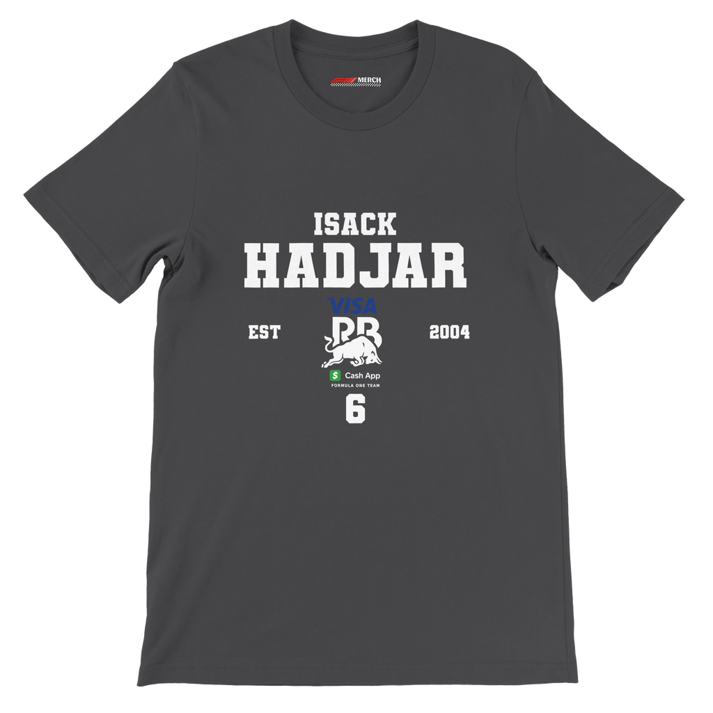 f111 merch dark-grey color t-shirt with isack-hadjar branding.
