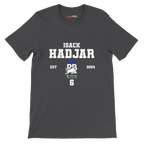 f111 merch dark-grey color t-shirt with isack-hadjar branding.