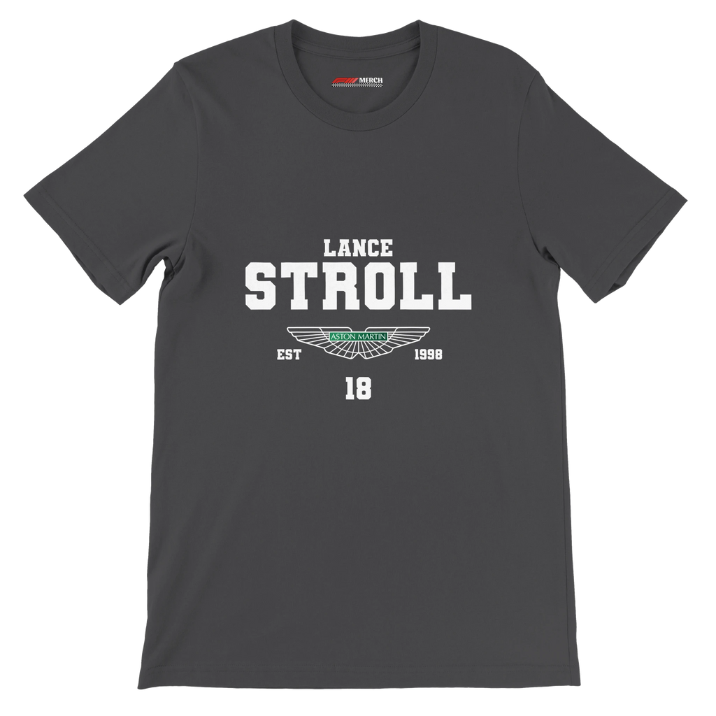 f111 merch dark-grey color t-shirt with lance-stroll branding.