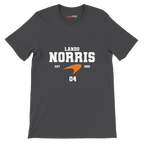 f111 merch dark-grey color t-shirt with lando-norris branding.