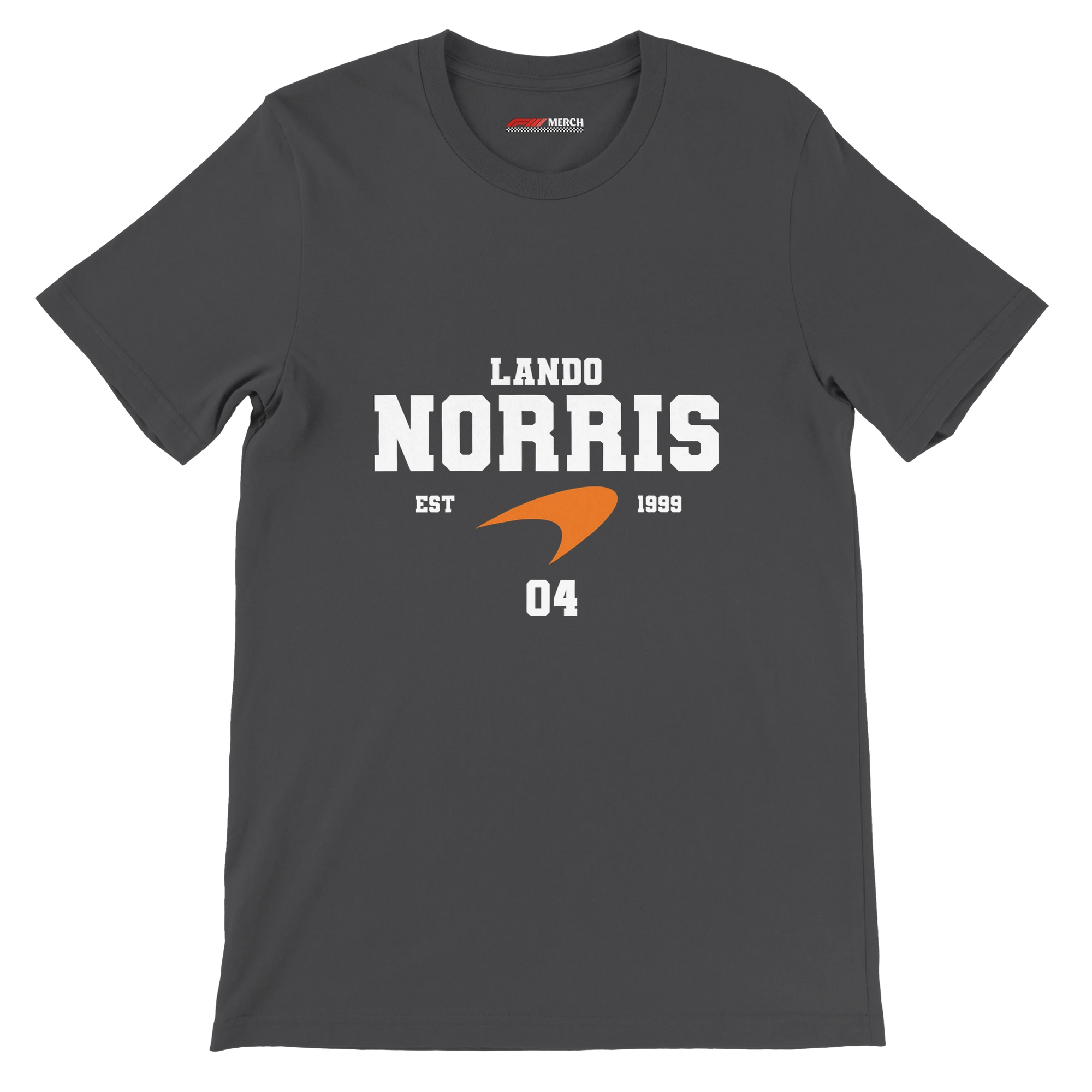 f111 merch dark-grey color t-shirt with lando-norris branding.