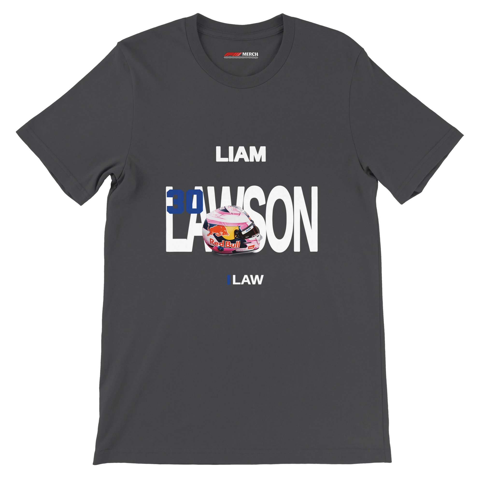 f111 merch dark-grey color t-shirt with lawson branding.