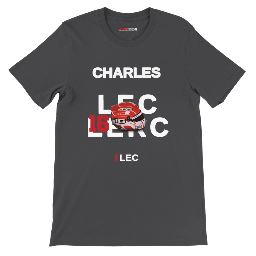 f111 merch dark-grey color t-shirt with leclerc branding.