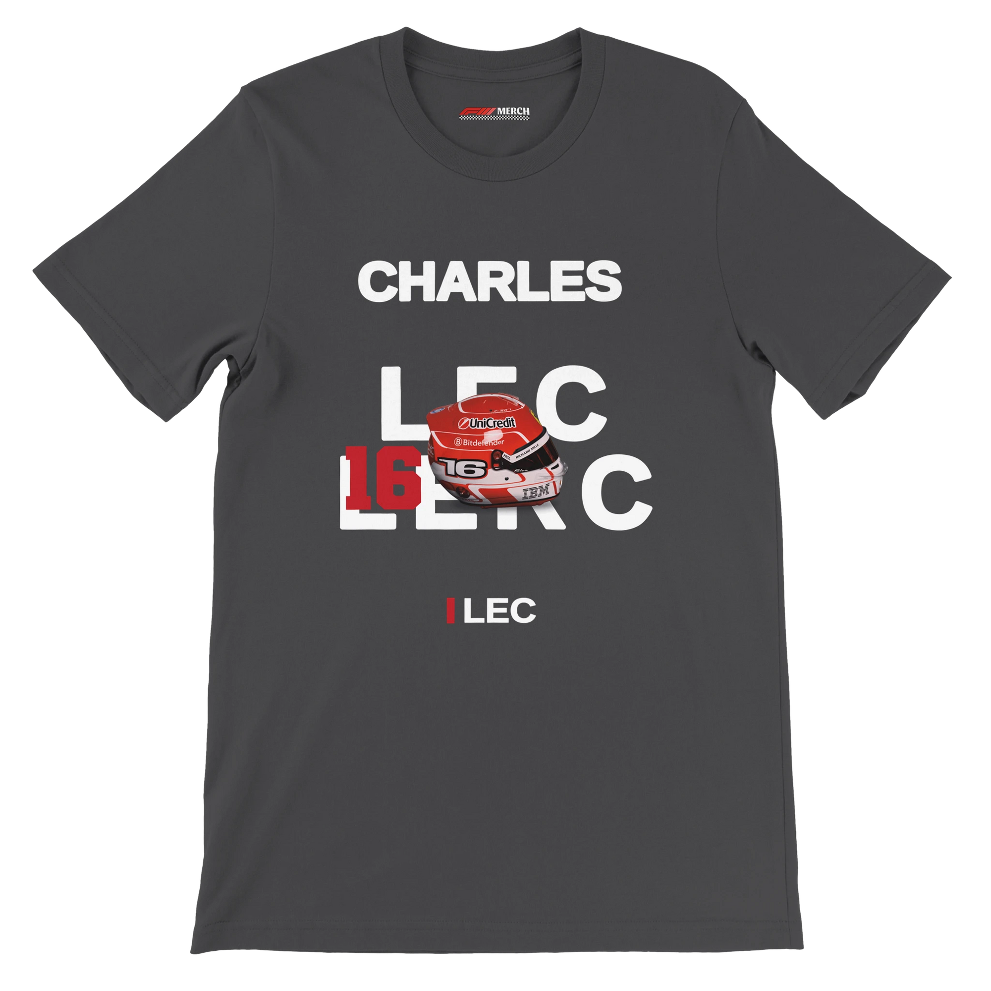 f111 merch dark-grey color t-shirt with leclerc branding.
