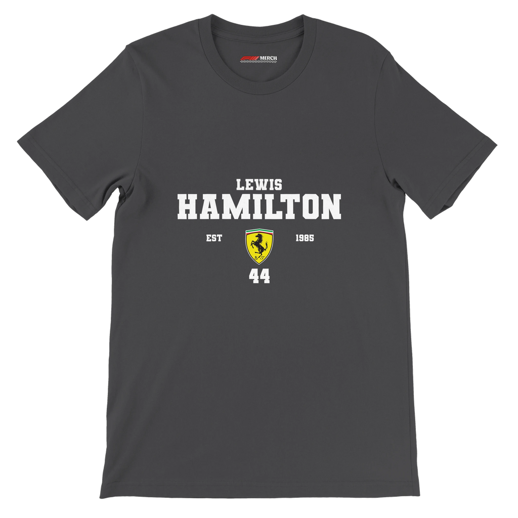 f111 merch dark-grey color t-shirt with lewis-hamilton branding.