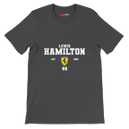f111 merch dark-grey color t-shirt with lewis-hamilton branding.