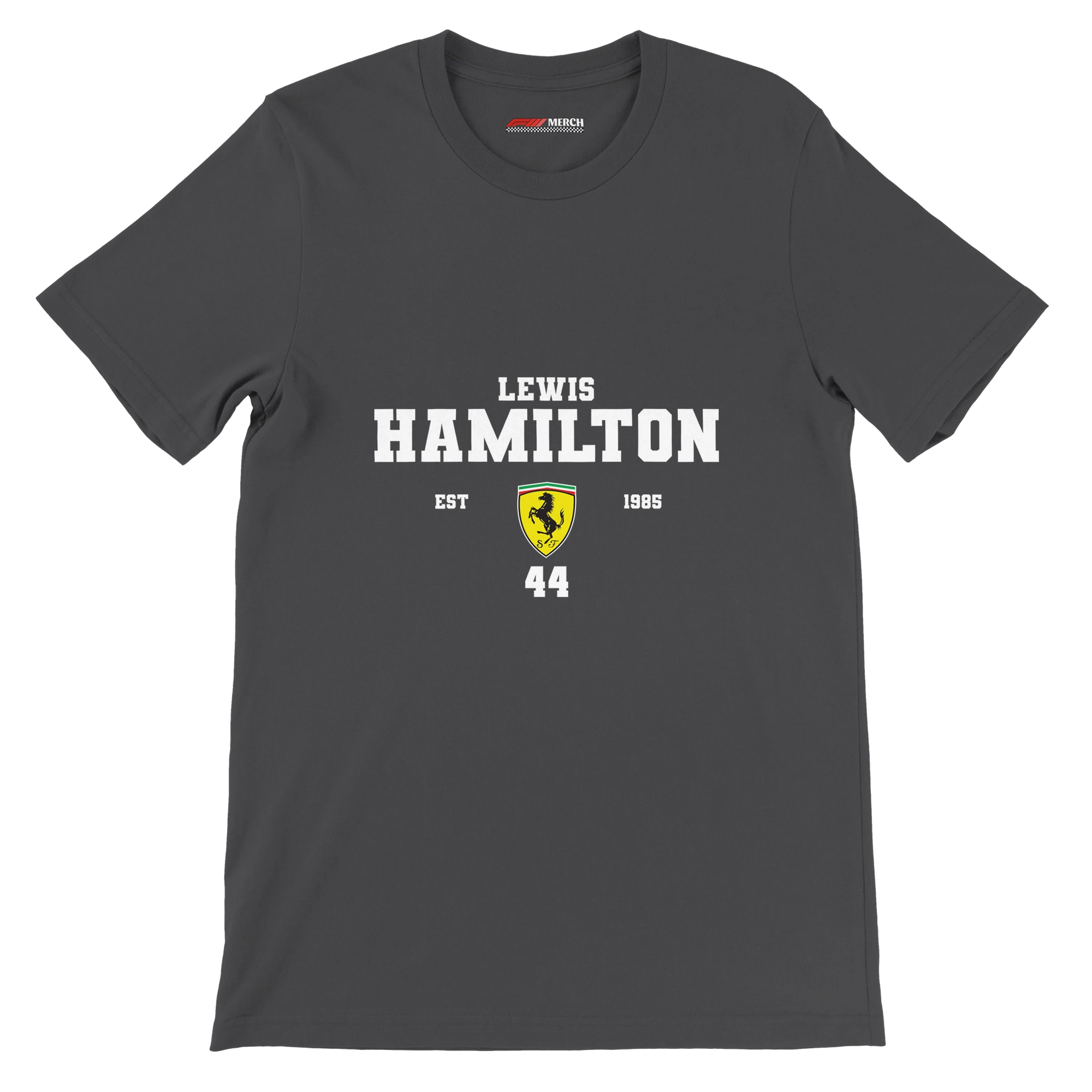 f111 merch dark-grey color t-shirt with lewis-hamilton branding.