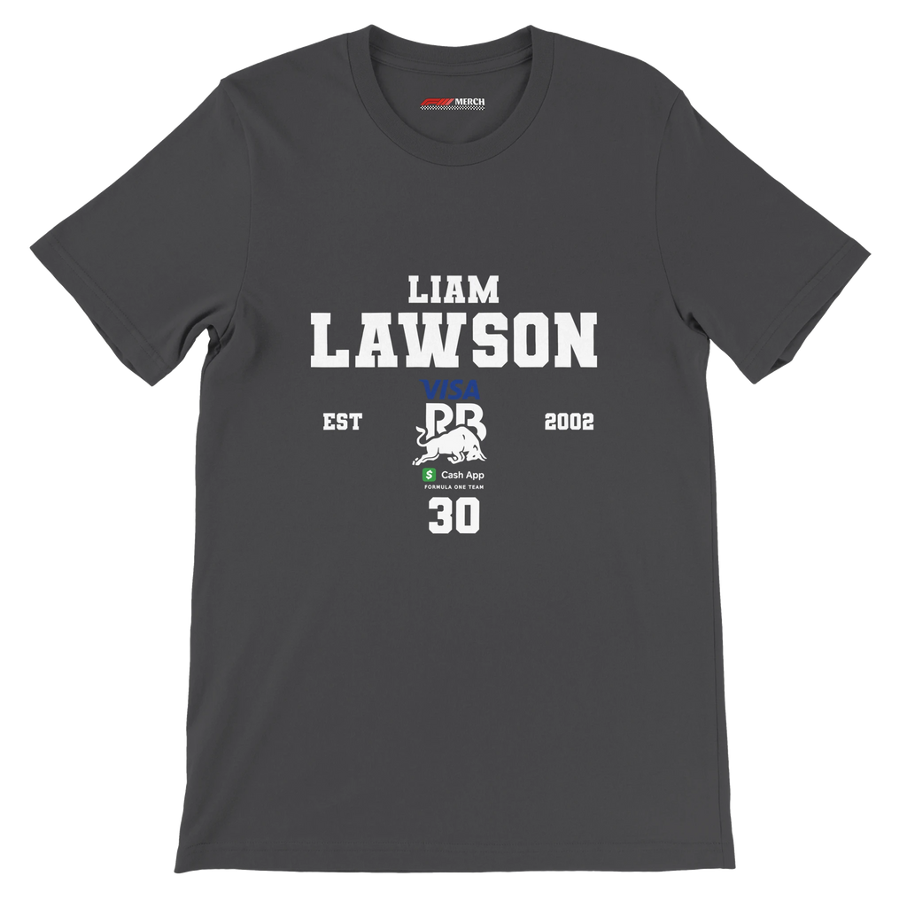 f111 merch dark-grey color t-shirt with liam-lawson branding.