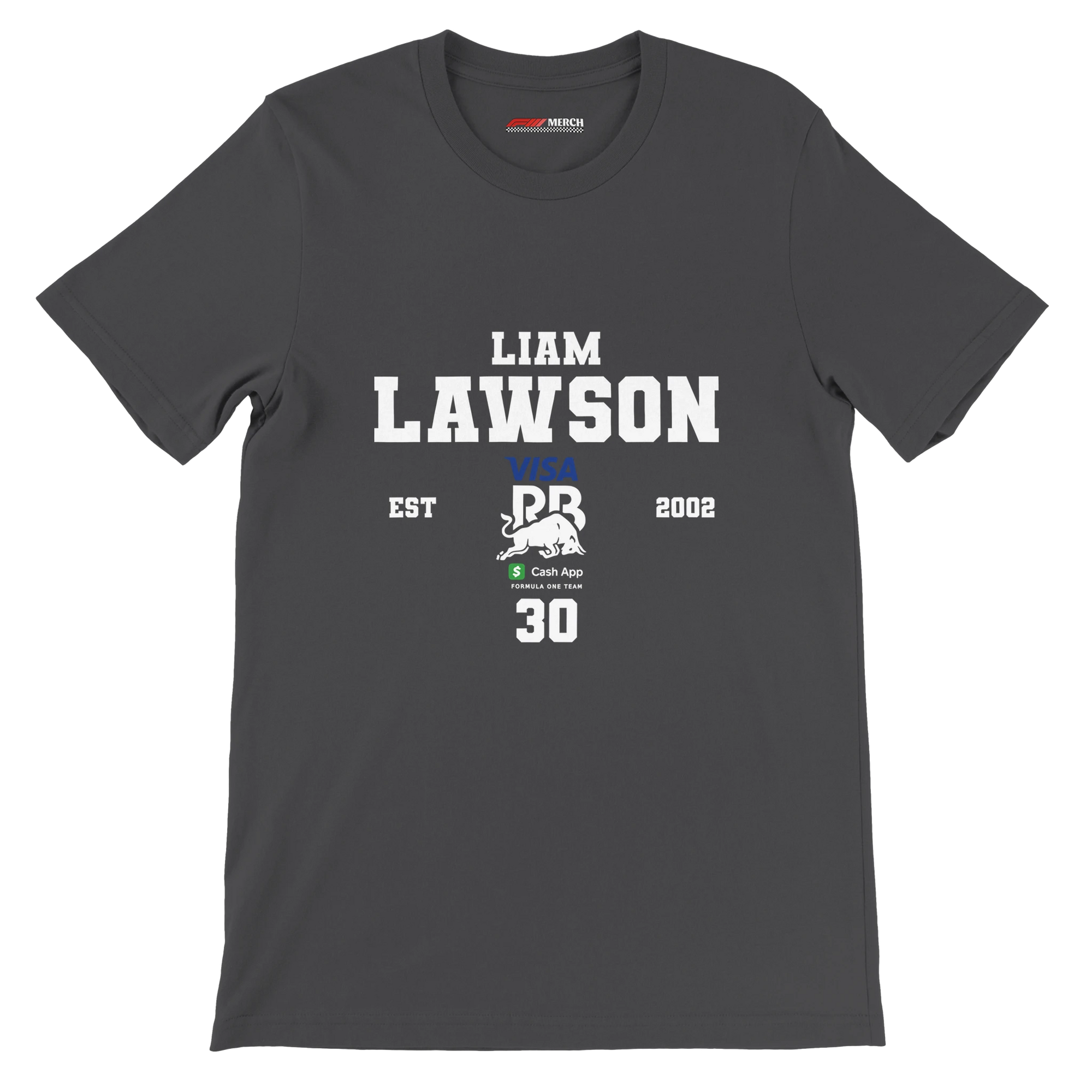 f111 merch dark-grey color t-shirt with liam-lawson branding.