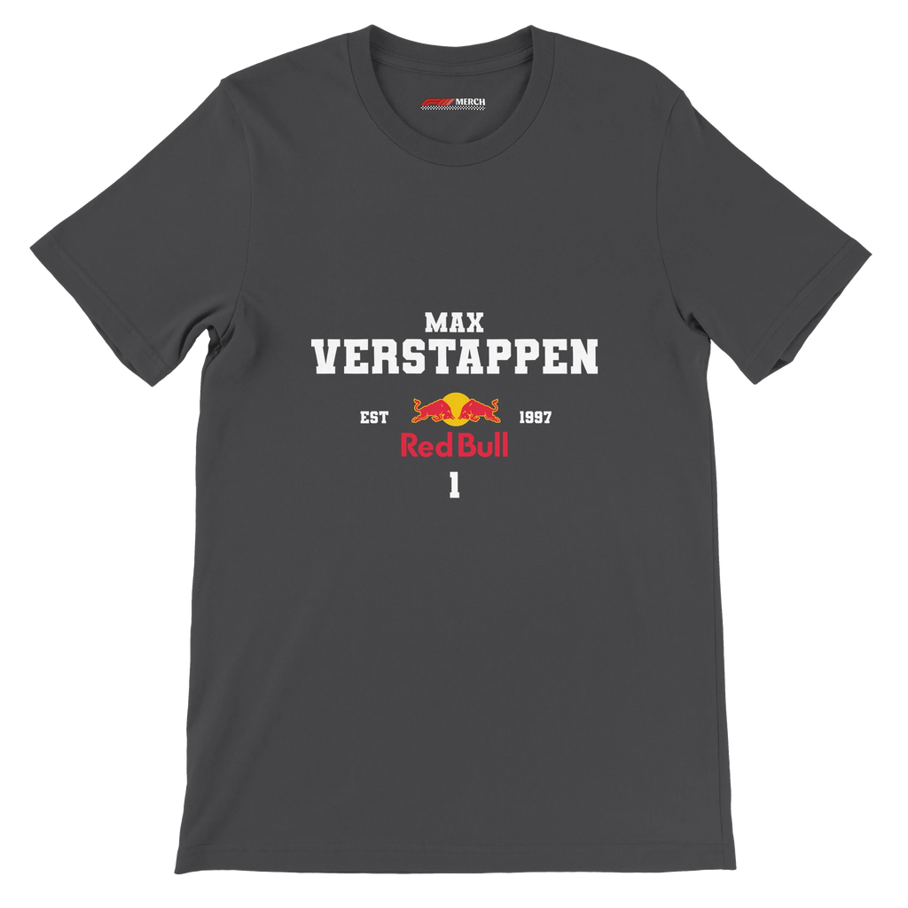 f111 merch dark-grey color t-shirt with max-verstappen branding.
