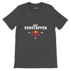 f111 merch dark-grey color t-shirt with max-verstappen branding.