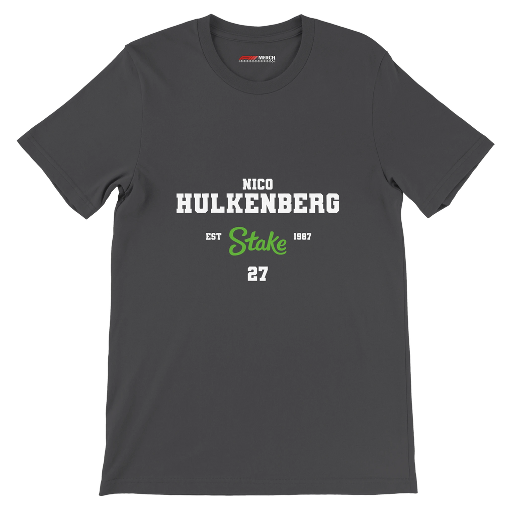 f111 merch dark-grey color t-shirt with nico-hulkenberg branding.