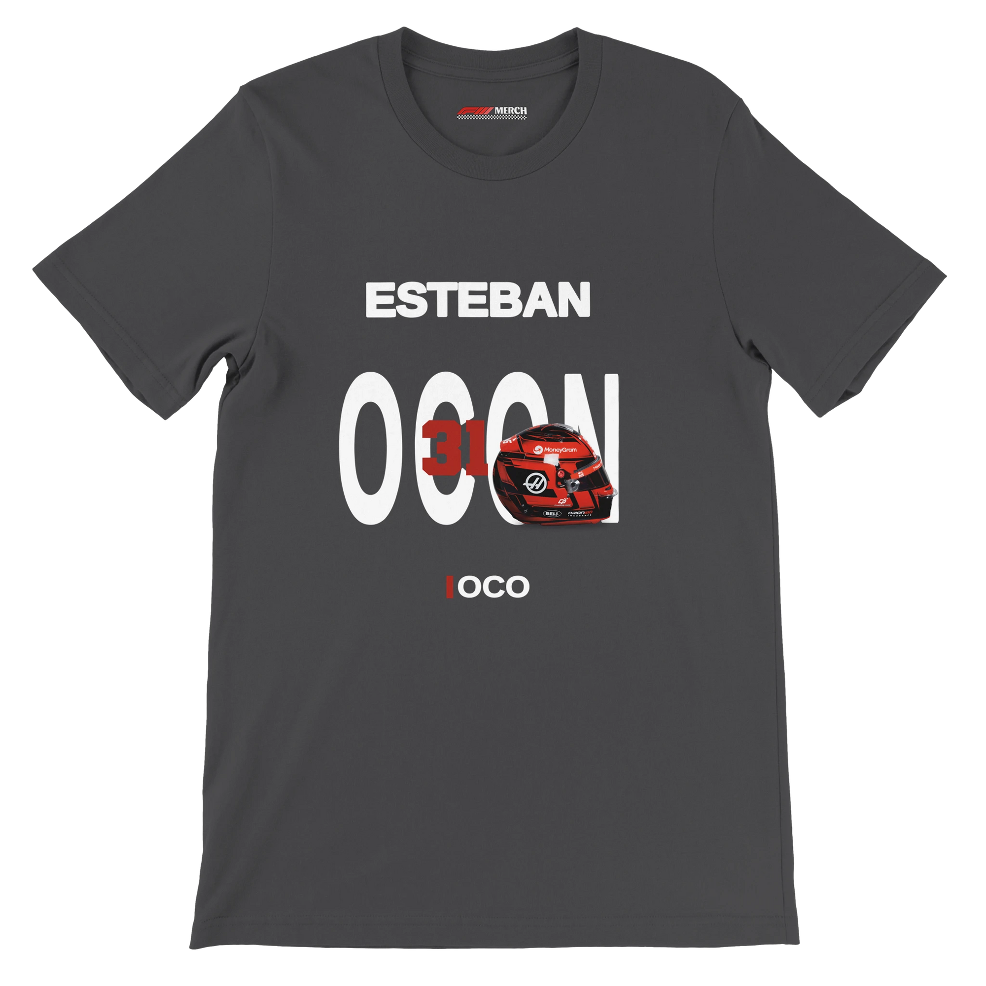 f111 merch dark-grey color t-shirt with ocon branding.