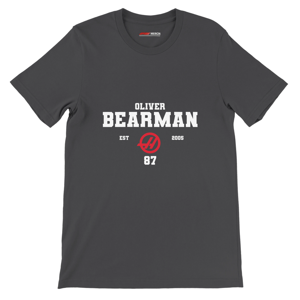 f111 merch dark-grey color t-shirt with oliver-bearman branding.