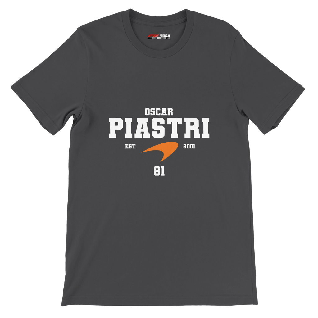 f111 merch dark-grey color t-shirt with oscar-piastri branding.